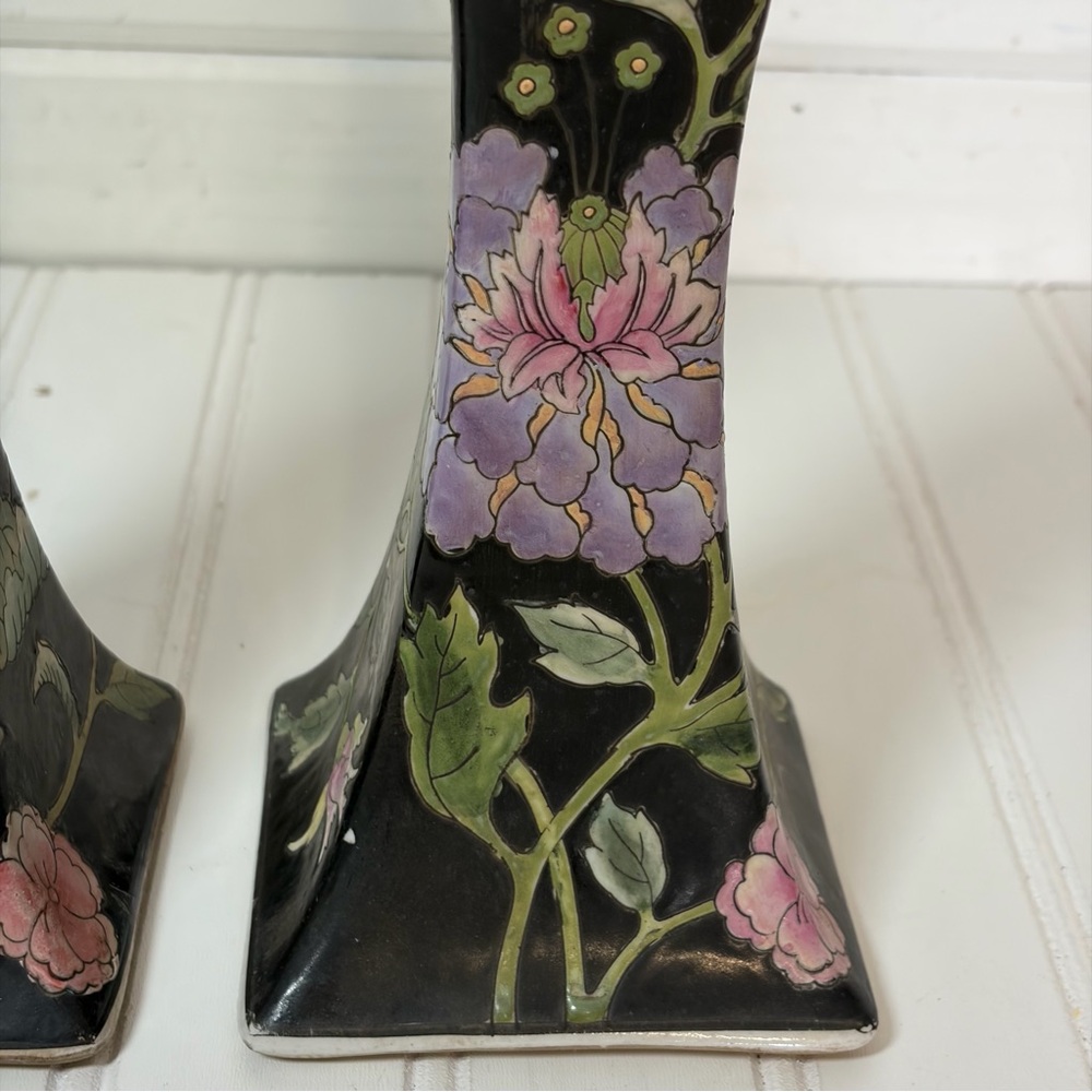 Vintage Floral Chinoiserie Macau Candlestick Holders | Set of 2 - Picture 3 of 10